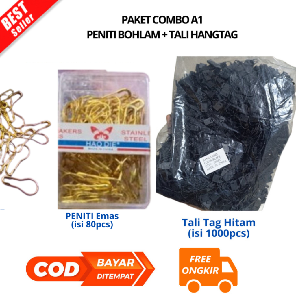 

[BAYAR DI TEMPAT] [A0Z] BAYAR DI TEMPAT PAKET COMBO Peniti Hijab - Labu - Bohlam - Pear - Jilbab - Hang Tag - Baju (80pcs) warna HITAM/EMAS & Tali HangTag @1000pcs - Tali Gantungan Label Baju Laundry tali label merk produk