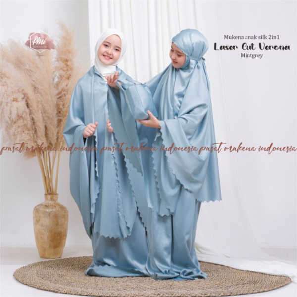 Jual Mukena 2in1 Laser Cut Anak Verona - MINT GREY Limited