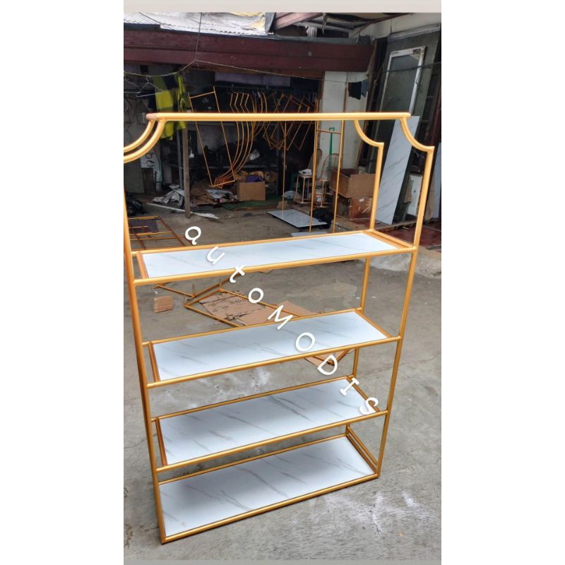 RAK EMAS GOLD BESI MINIMALIS INDUSTRIAL BERTINGKAT LEMARI BUKU BOOKCASE RUANG TAMU WAITING ROOM TUNG