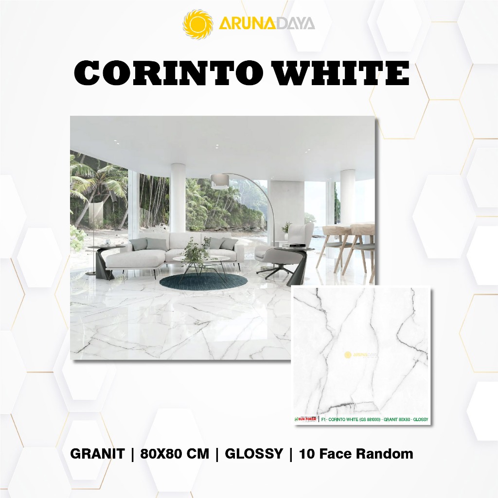 LANTAI GRANIT GLOSSY SUNPOWER - CORINTO WHITE UKURAN 80X80CM