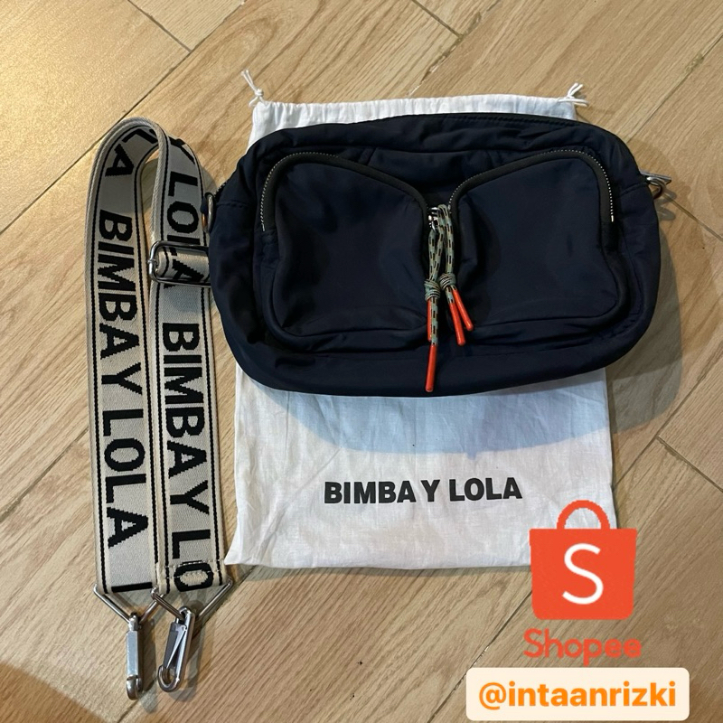 [PRELOVED] Authentic BIMBA Y LOLA Nylon Crossbody Pocket Navy Original Black White Strap Bimbaylola 