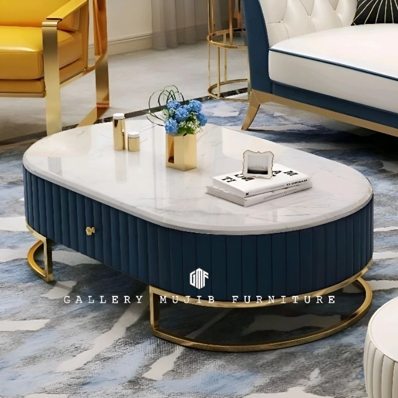 meja tamu minimalis top marmer asli stainless gold - meja kopi marmer 120x60 cm