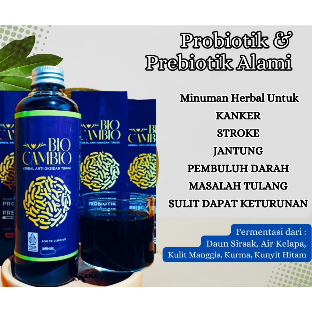 

Bio Cambio Herbal Kanker Stroke Sakit Jantung Pembuluh Darah Sulit Dapat Keturunan. Probiotik & Prebiotik Alami Fermentasi Daun Sirsak, Kunyit Hitam, Air Kelapa, Kurma dan Kulit Manggis