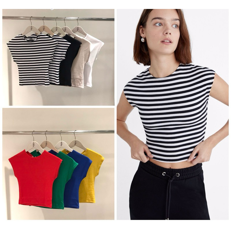 SALE‼️ STRADIVARIUS WANITA CROP TOP CAP SLEEVE T-SHIRT