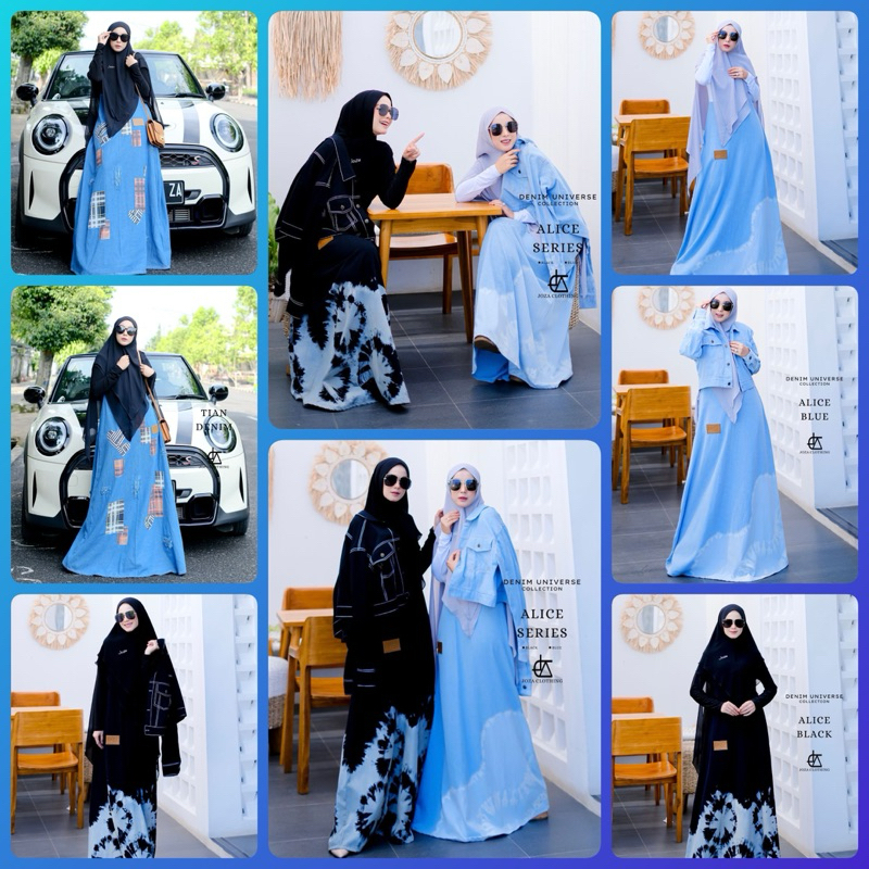ALICE JINS DENIM JOZA ARINA CLOTHING BIRU SOFT BLUE HITAM BLACK GAMIS DRESS BUSUI