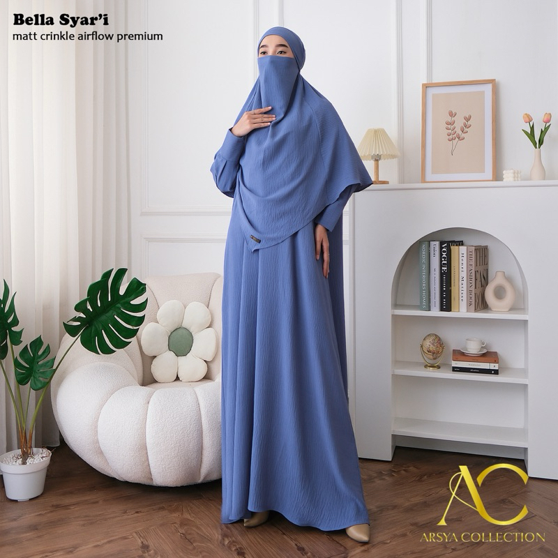 Gamis bella syar’i/gamis set crinkle airflow/gamis polos cadar terbaru