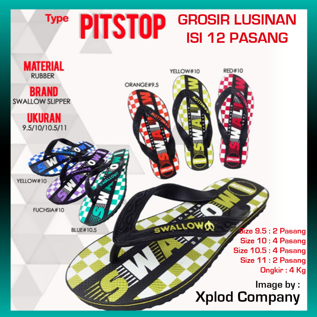 (12 Pasang) Grosir Lusinan Sandal Jepit Swallow Pitstop Ukuran Seri 9.5 – 11 Sendal Swallow Grosiran