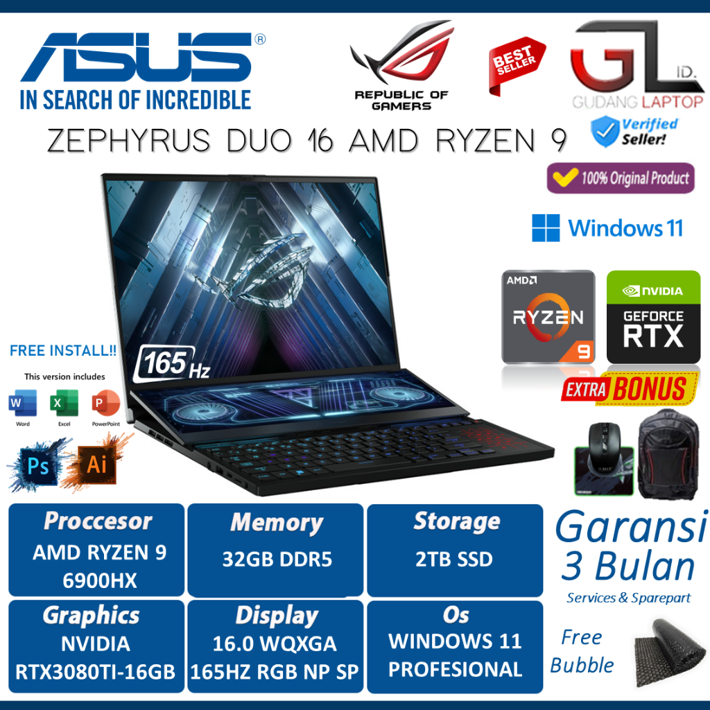 ASUS ROG ZEPHYRUS DUO 16 GX650RX AMD RYZEN 9 6900HX 32GB 2TB SSD RTX3080TI-16GB WQXGA 165HZ RGB