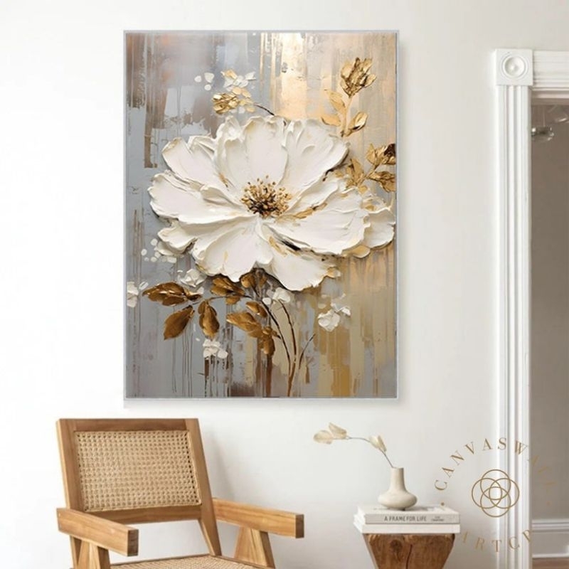 Lukisan Bunga Tekstur 3D Lukisan Abstrak Bunga Emas Hiasan Dinding Lengkap Dengan Bingkai