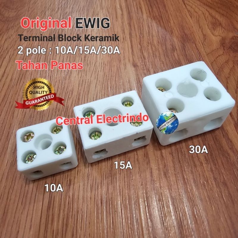 (Grosir/Dus) Terminal Block Keramik EWIG 2 Pole 10A/15A/30A Tahan Panas.