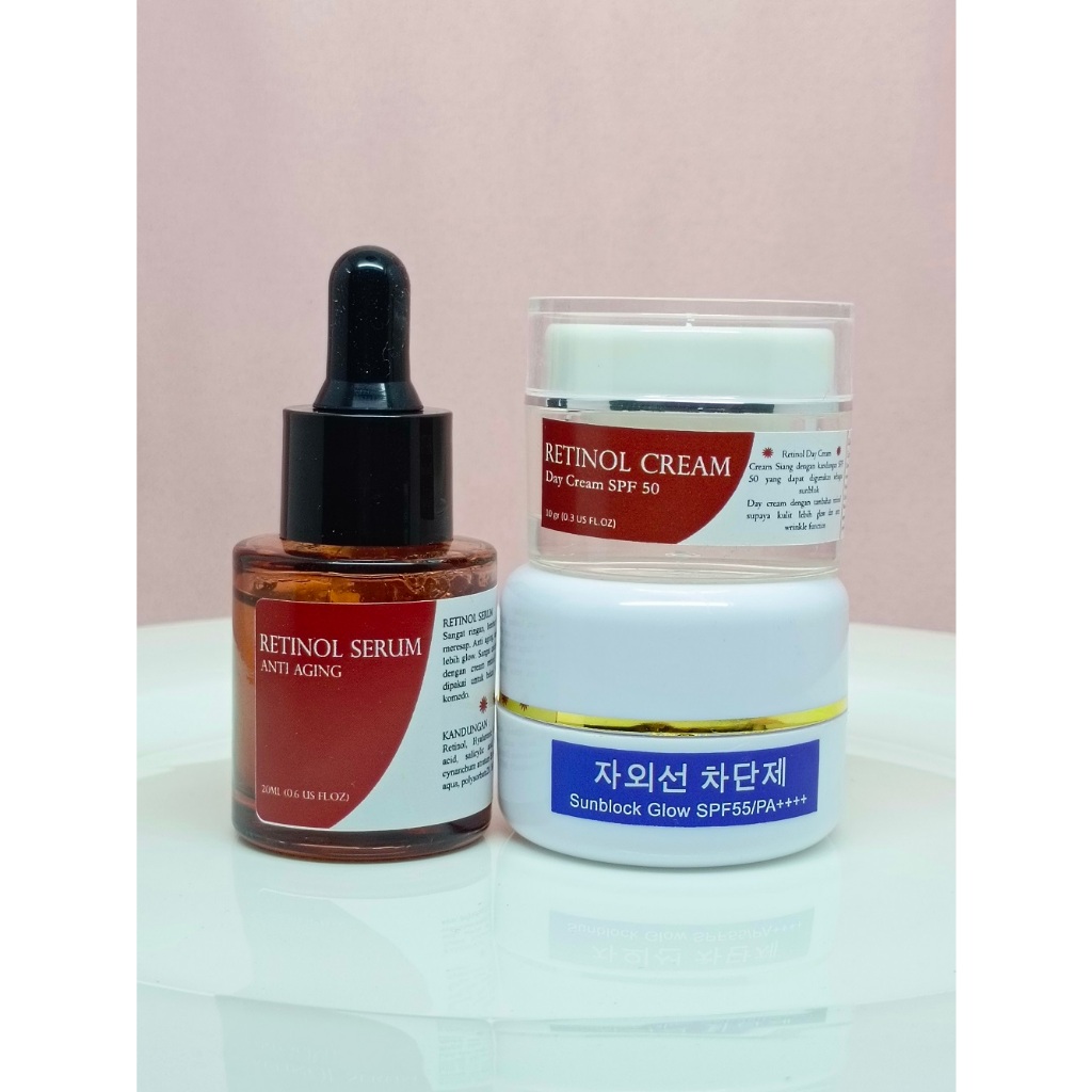 PAKET RETINOL DAY 3 IN 1 Penghilang Flek Hitam Membandel ( Serum Retinol, Retinol Day Cream, Sunbloc