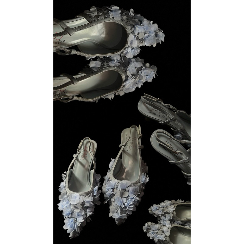 NEW Charles and Keith Heels 5cm 3D Flowers BLUE - size 39