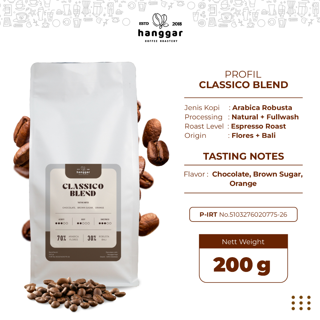 

Biji Kopi Coffe Bean Arabika Robusta Classico Blend Hanggar Roastery 1Kg Original