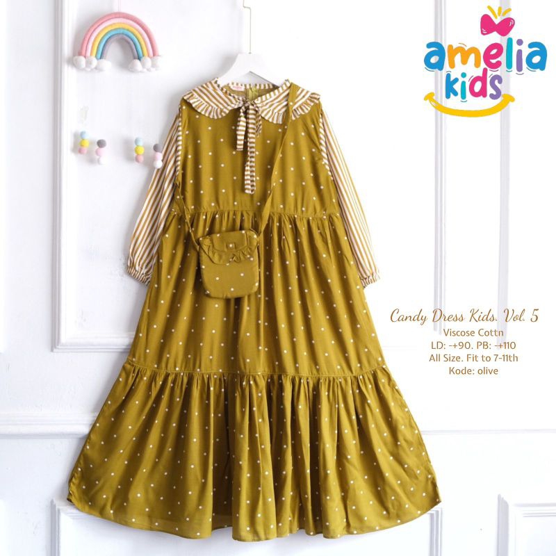 Candy Dress Gamis Anak Susun Motif Polkadot Free Tas (7-11th) ORI AMELIA