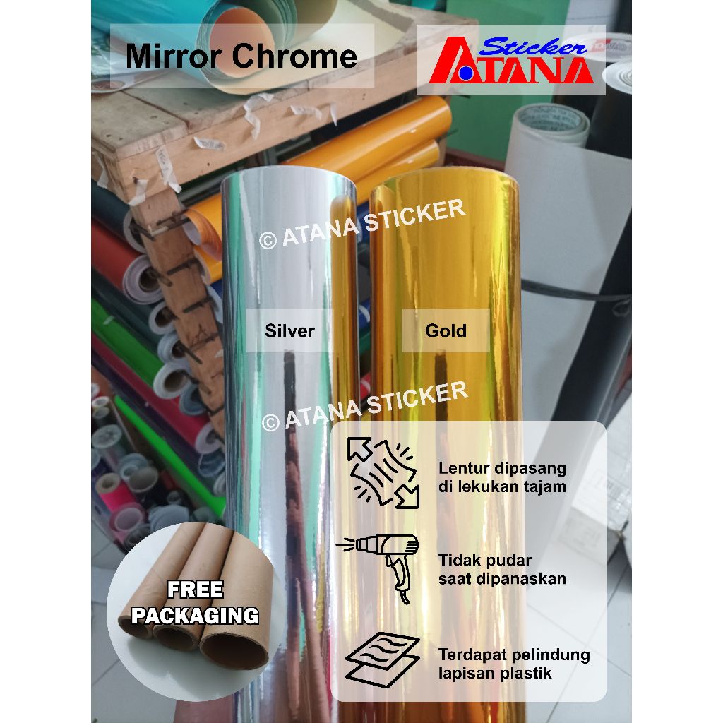 Skotlet Chrome Gold Silver Emas Perak Mirror Crome Crom Krum Metalik Film Satin Lentur Stiker Anti G