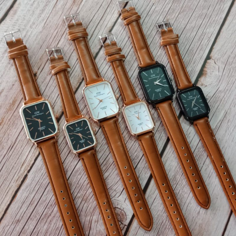 WTT Jam Tangan Couple DW Kulit Analog Fashion Jamtangan tipis wanita pria Leather Segi
