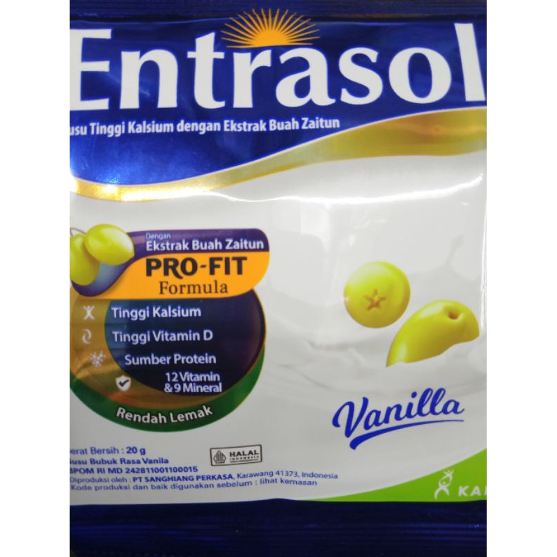 

susu bubuk entrasol rasa vanilla per renceng isi 10 sachet