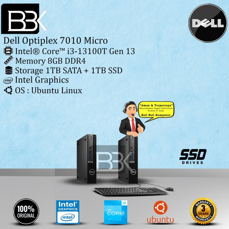 CPU DELL Optiplex 7010 Micro i3-13100T 8GB 1TB+1TB SSD DOS 3YR