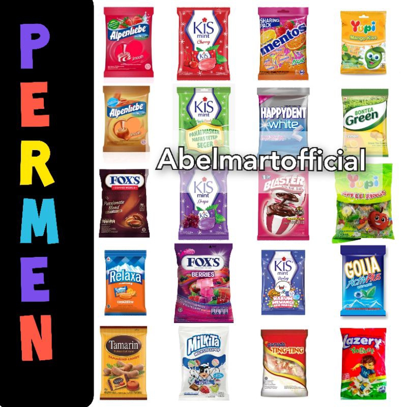 

ALPENLIEBE / KIS / MINTZ / KOPIKO / RELAXA /GOLIA / YUPI / MILKITA / TAMARIN / BIG BABOL / BONTEA GREEN / BLASTER / KINO /HAPPYDENT WHITE / MENTOS / COLLINS / FOXS / PERMEN LEBARAN / PERMEN / PERMEN HAMPERS