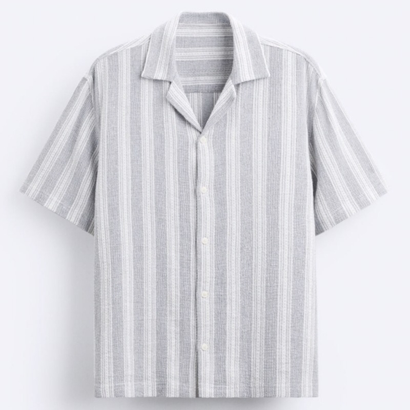 ZARA Men Striped Shirt Kemeja Pria Lengan Pendek Grey
