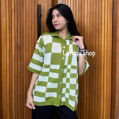 Micha cardigan rajut oversize motif kotak wanita knitwear outfit korea