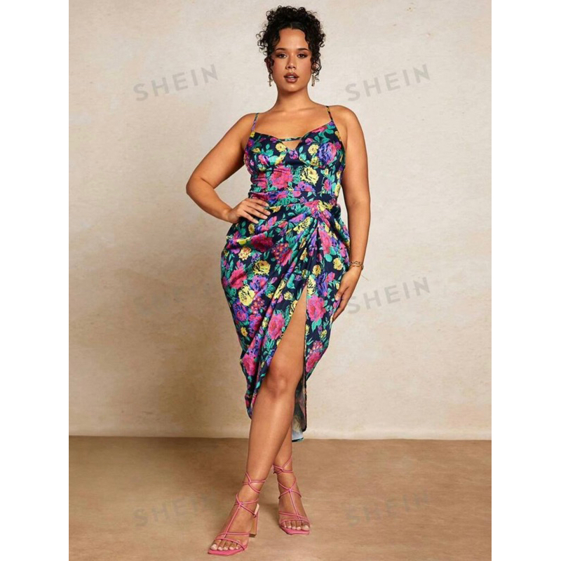 SHEIN BAE Plus Size Floral Print Irregular Hem Spaghetti Strap Dress