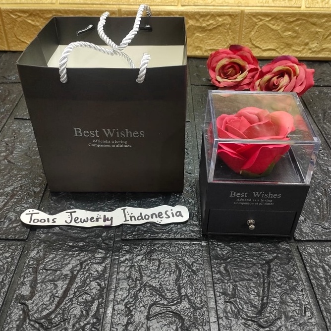 KF7 Kotak Perhiasan Valentine Bunga Mawar Best Wishes  Hitam
