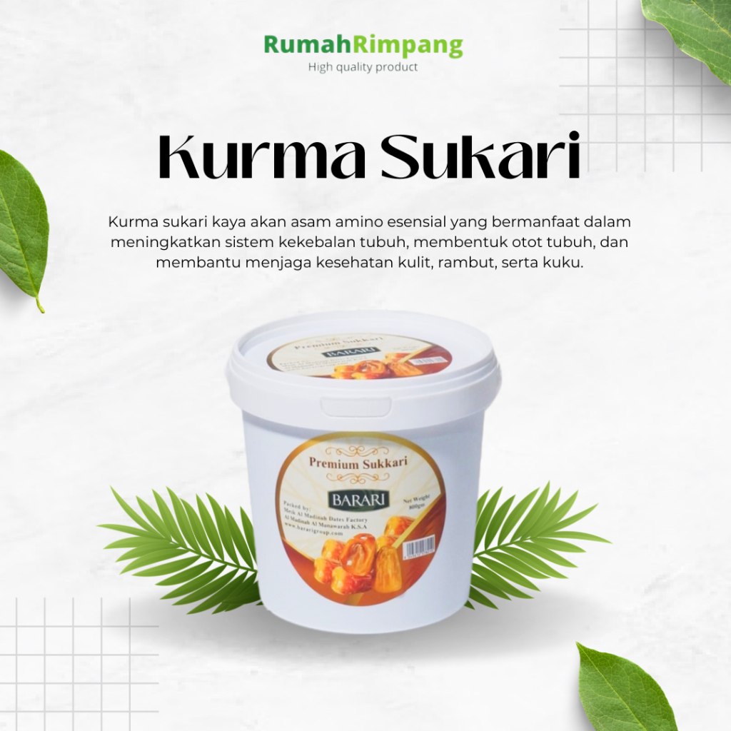 

[BISA INSTAN] - JUAL KURMA PREMIUM SUKKARI - MERK BARARI KEMASAN EMBER 800 GR