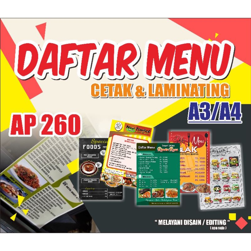 

CETAK DAFTAR MENU MAKANAN/MINUMAN BAHAN A4 & A3 + LAMINATING