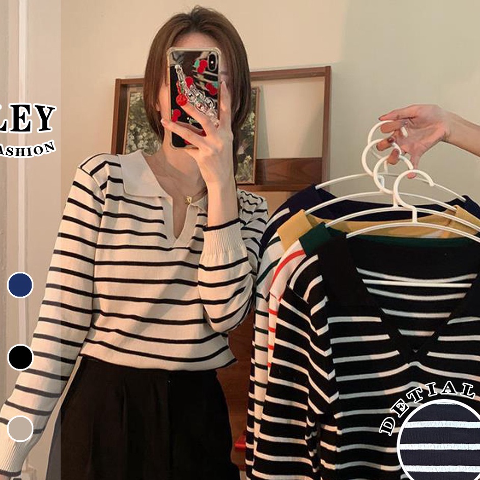 Grosir Populer  Bisa COD  Sweater Crop Garis LeherV TopLengan Panjang Sweater Atasan Wanita Rajut