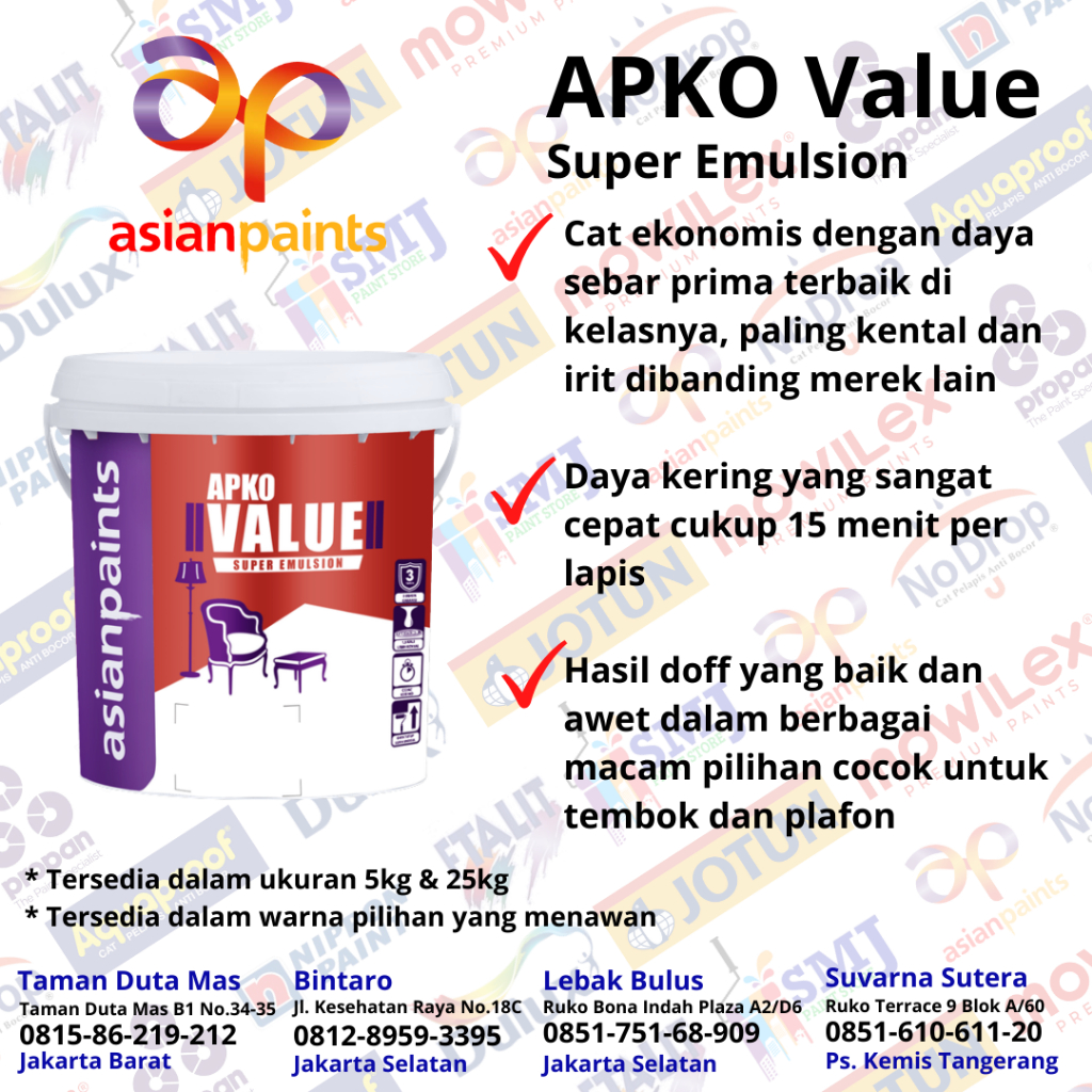 CAT TEMBOK PLAFOND INTERIOR APKO VALUE SUPER EMULSION DARI ASIAN PAINTS 25 KG