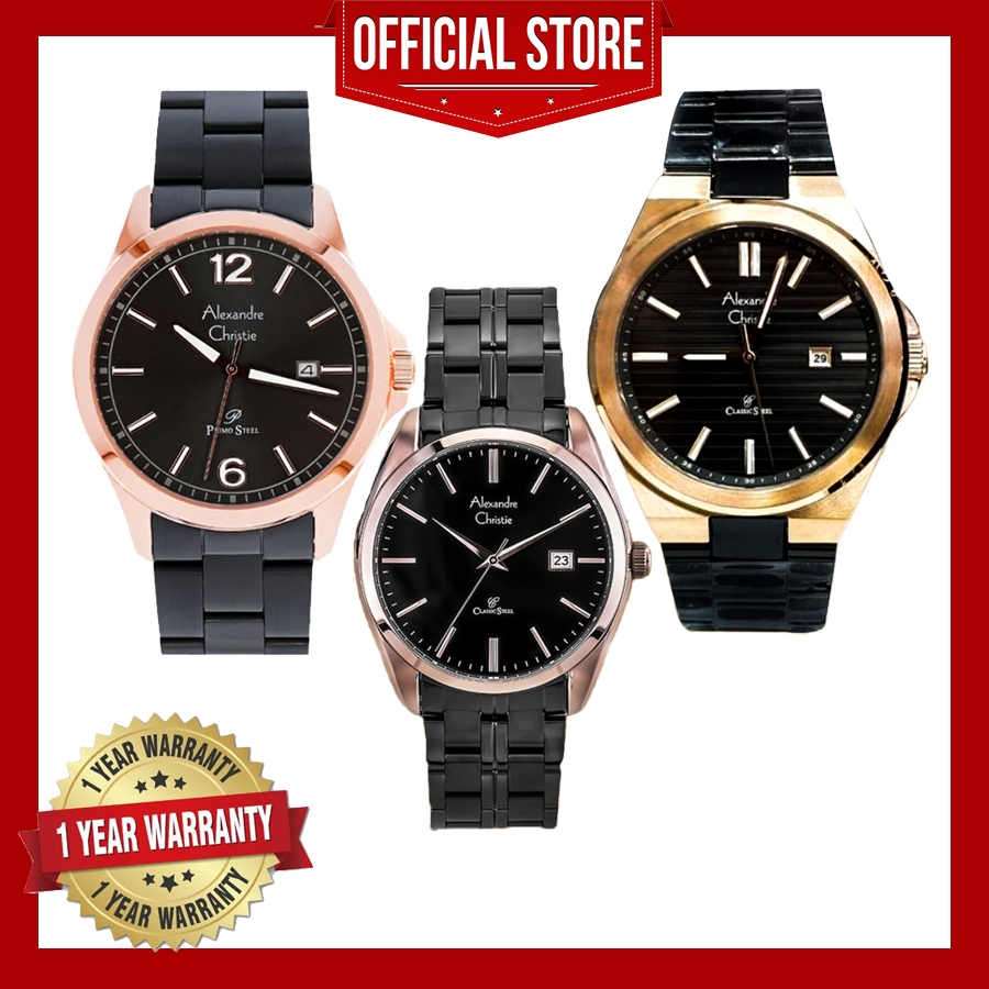 GARANSI up to 2 tahun Alexandre Christie Pria Black Rose Gold JAM Tangan Pria Original ORI Cowok Lak