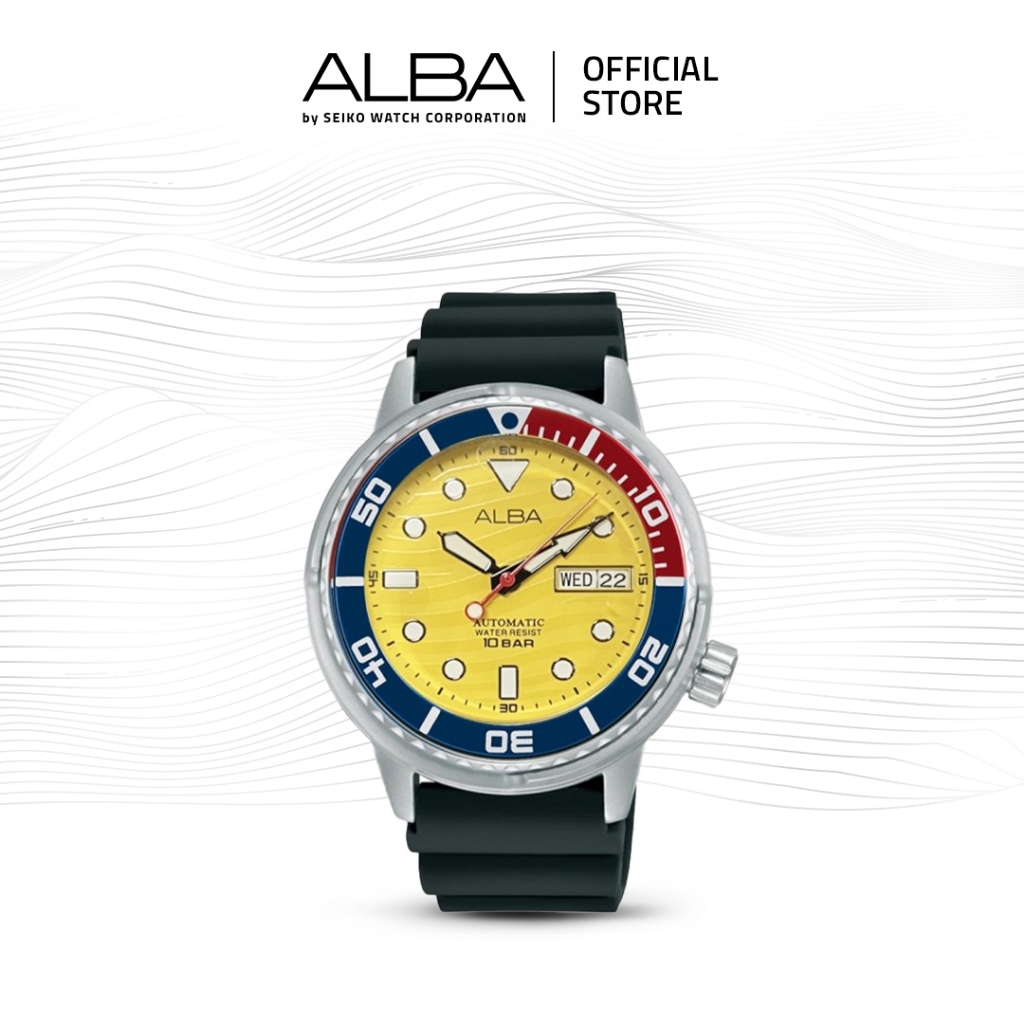 Alba Jam Tangan Pria AL4615 / AL4615X1 Automatic Yellow Pattern Dial Black Rubber Strap Watch