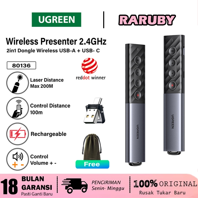 UGREEN Wireless Pointer Presenter Laser Merah Remote Control Presentasi Power Point Meeting Kantor V