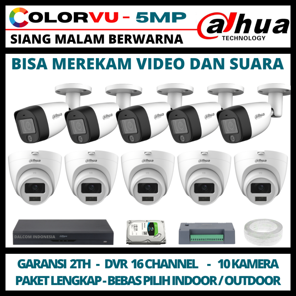 PAKET CCTV DAHUA COLORVU 5MP 16 CHANNEL 10 KAMERA