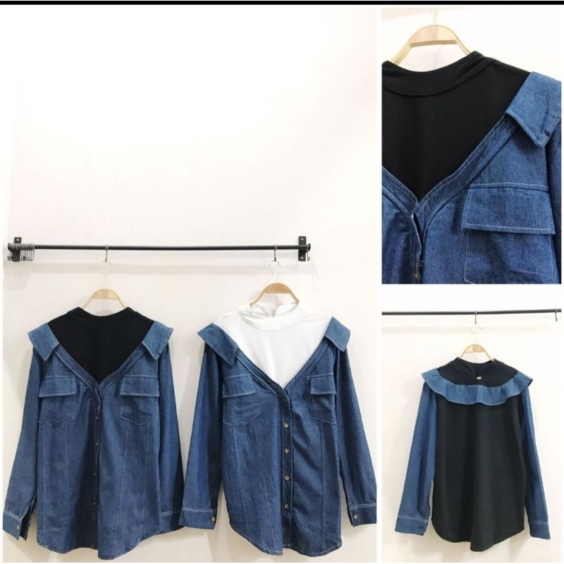 atasan kombi jeans + kemeja bahu ruff (IN)