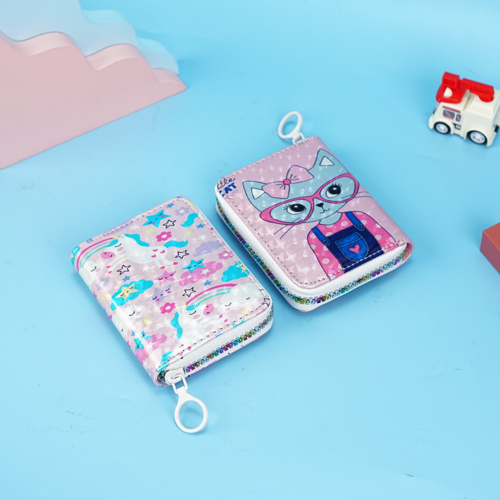 Dompet PU Tas Kartu Merah Muda Kucing Dompet Fashion Pendek Anak Perempuan Pelajar Dompet Kartun