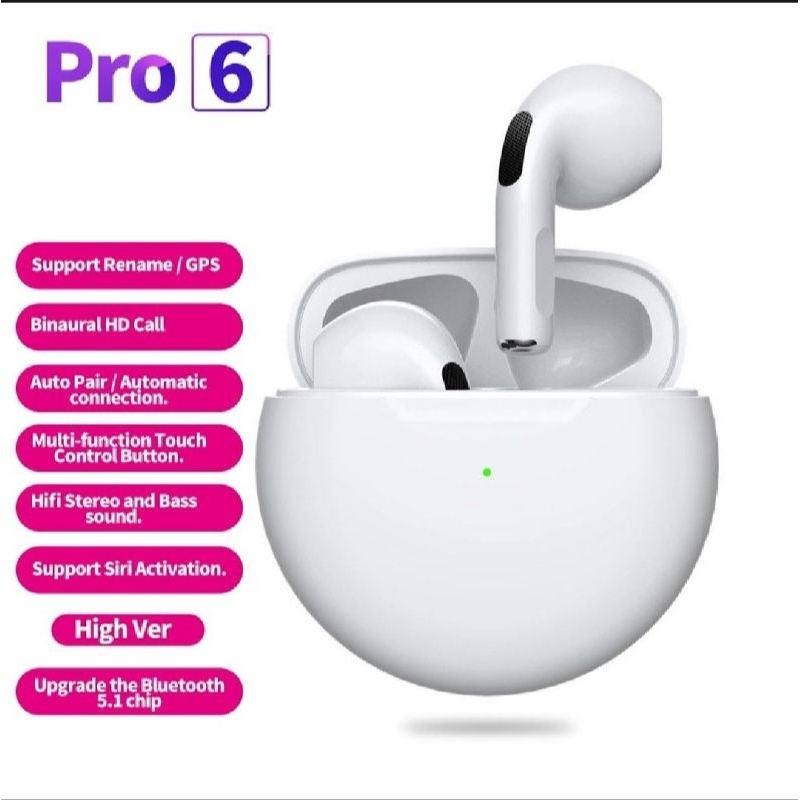 Pro 6 Earphone Bluetooth 5.1 Wireless / Earphone Bluetooth Mini Touch Control