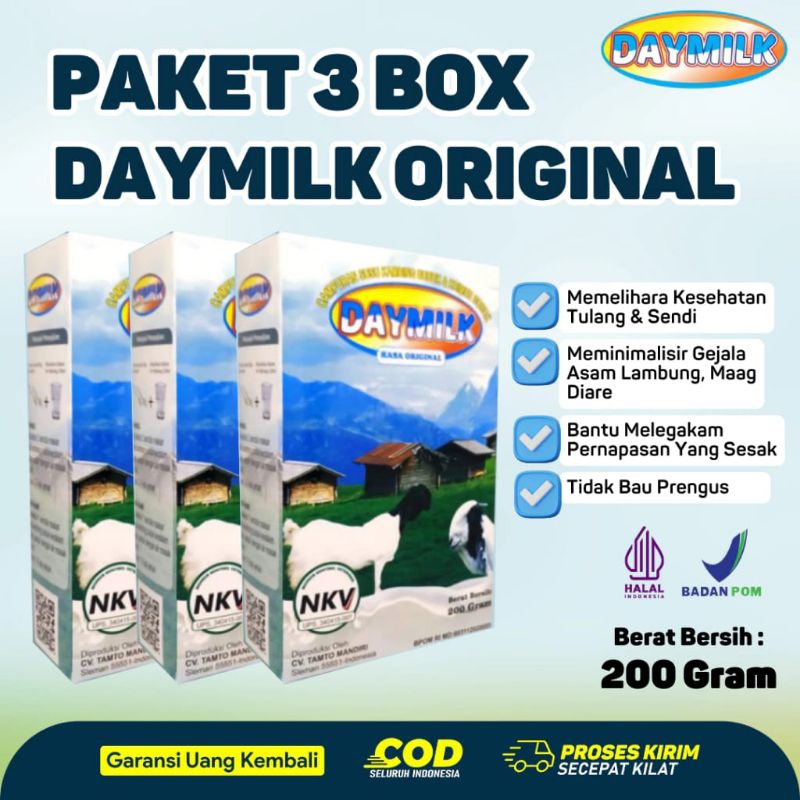 

PAKET 3 BOX Susu Daymilk Susu Kambing Etawa Bubuk Daymilk 200 Gram Susu Daymilk Original