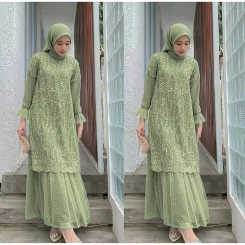 Tiara Maxy Dress Brukat Tile Dotty / Gamis Masa Kini / Gamis Remaja Terbaru /