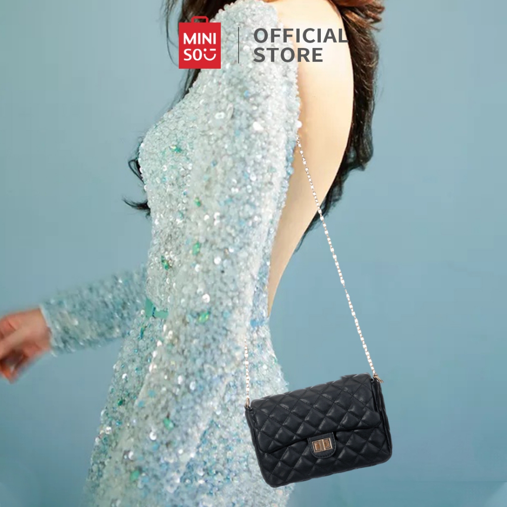 Miniso Sling Bag Rantai Tail Tas Pesta Wanita Tas Selempang Elegan Classic Diamond Lattice Pattern F