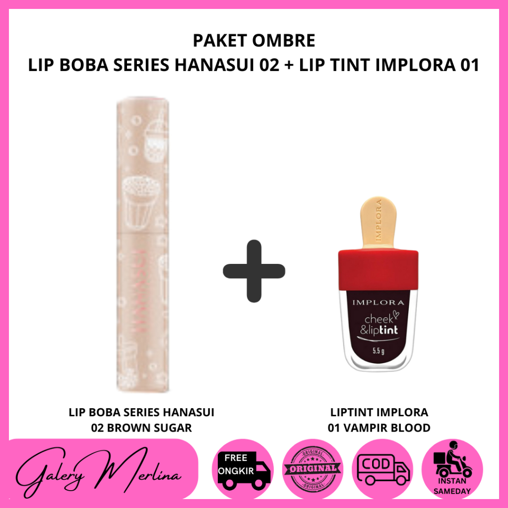 1 Set Ombre Hanasui Lipcream Boba Series 02 Brown Sugar + Implora Liptint 01 Vampir Blood / Paket Om