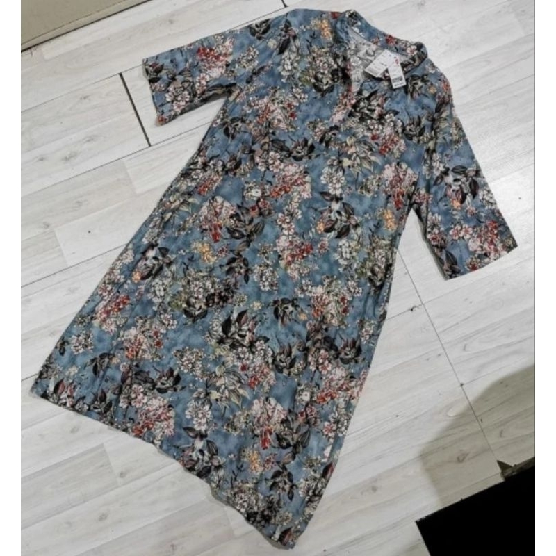 Dress tunik sifon motif bunga lukisan katun tebal murah warna biru