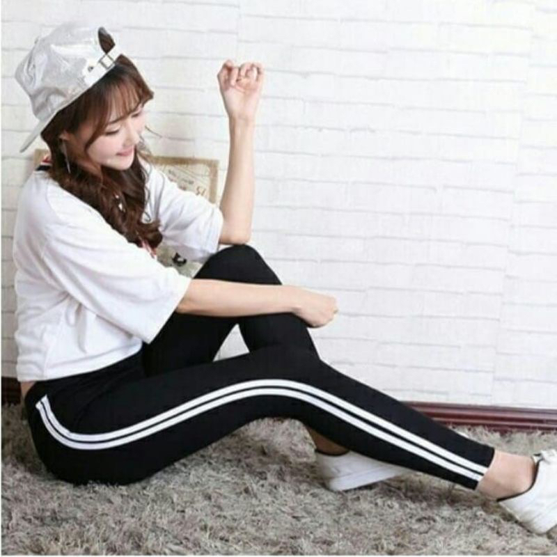 original legging highwaist import list garis putih / leging list 2 garis / celana lejing wanita