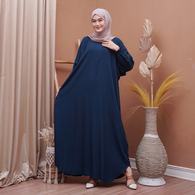 Kaftan Wanita - Daunda Kaftan Size Jumbo XXXXL Motif Daun Lengan Panjang Busui Resleting by Nadira_Fashion / Gamis Rayon Jumbo Kaftan Terbaru-Polos navy
