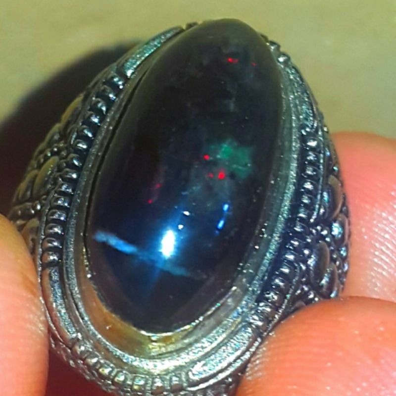 Batu Cincin Black Opal Kalimaya Sempur Banten Top Sisit Jarong Natural Bahan Ranting Ring Alpaka Rintik