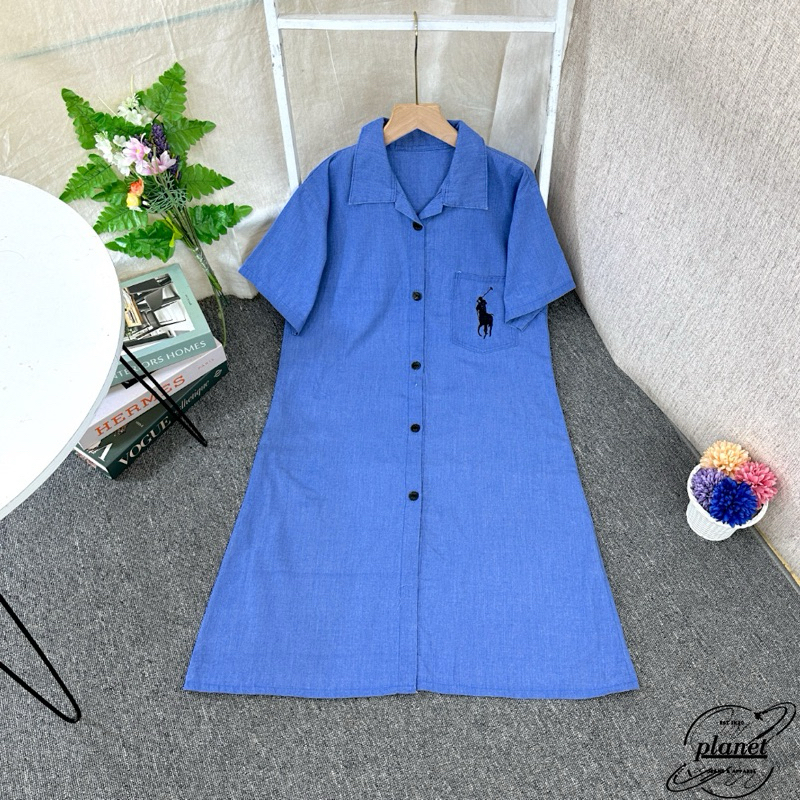 DENIM DRESS WANITA PANJANG MIDI DRESS POLOS WANITA DRESS POLO KANCING LENGAN PENDEK