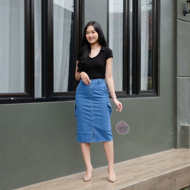 Callie denim skirt korean style cargo 7/8 belah depan