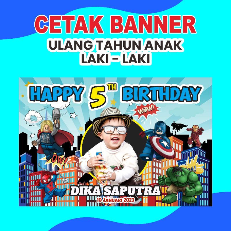 BANNER ULANG TAHUN / BACKDROP ULTAH / SPANDUK ULANG TAHUN CUSTOM 1,2M X 0,8M  Motif Anak Laki laki