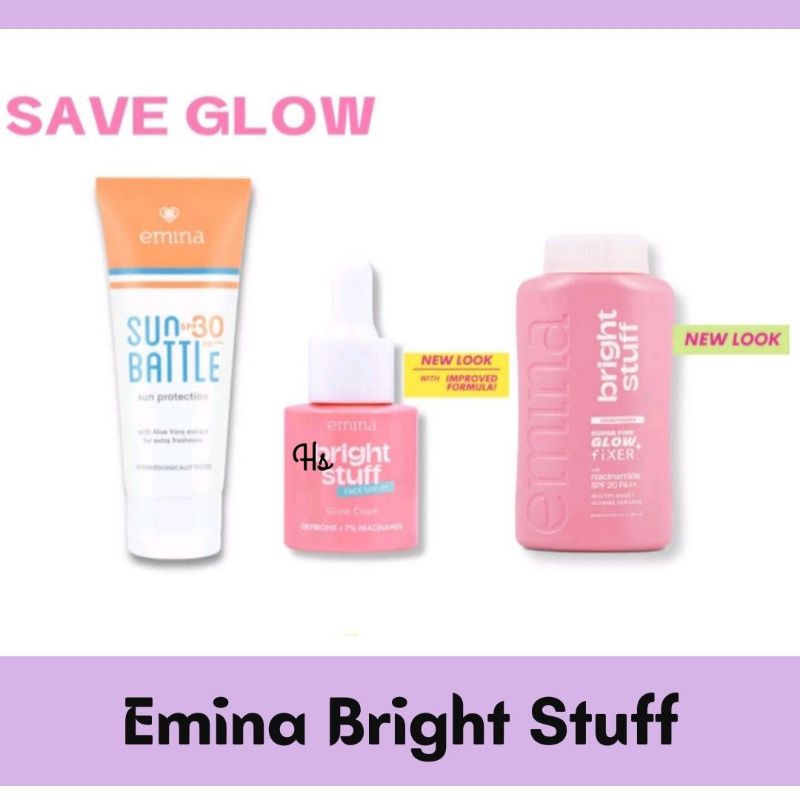 Emina Save Glow ( Emina Bright Stuff Sun battle Serum Loose powder) Paket emina Bright Stuff